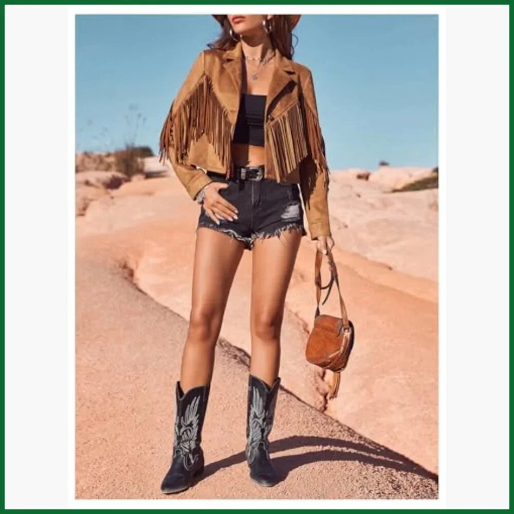 Faux Suede Fringe Open Front Jacket Western Concert Outerwear - Picture 6 of 6